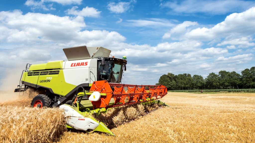 A combine harvester working in a wheat field under blue skies during harvest season.
